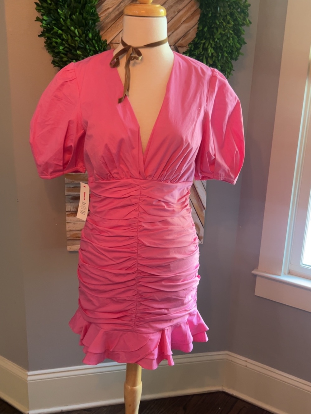 Bardot Hot Pink Ruched V-Neck Mini Dress with Ruffle Hem